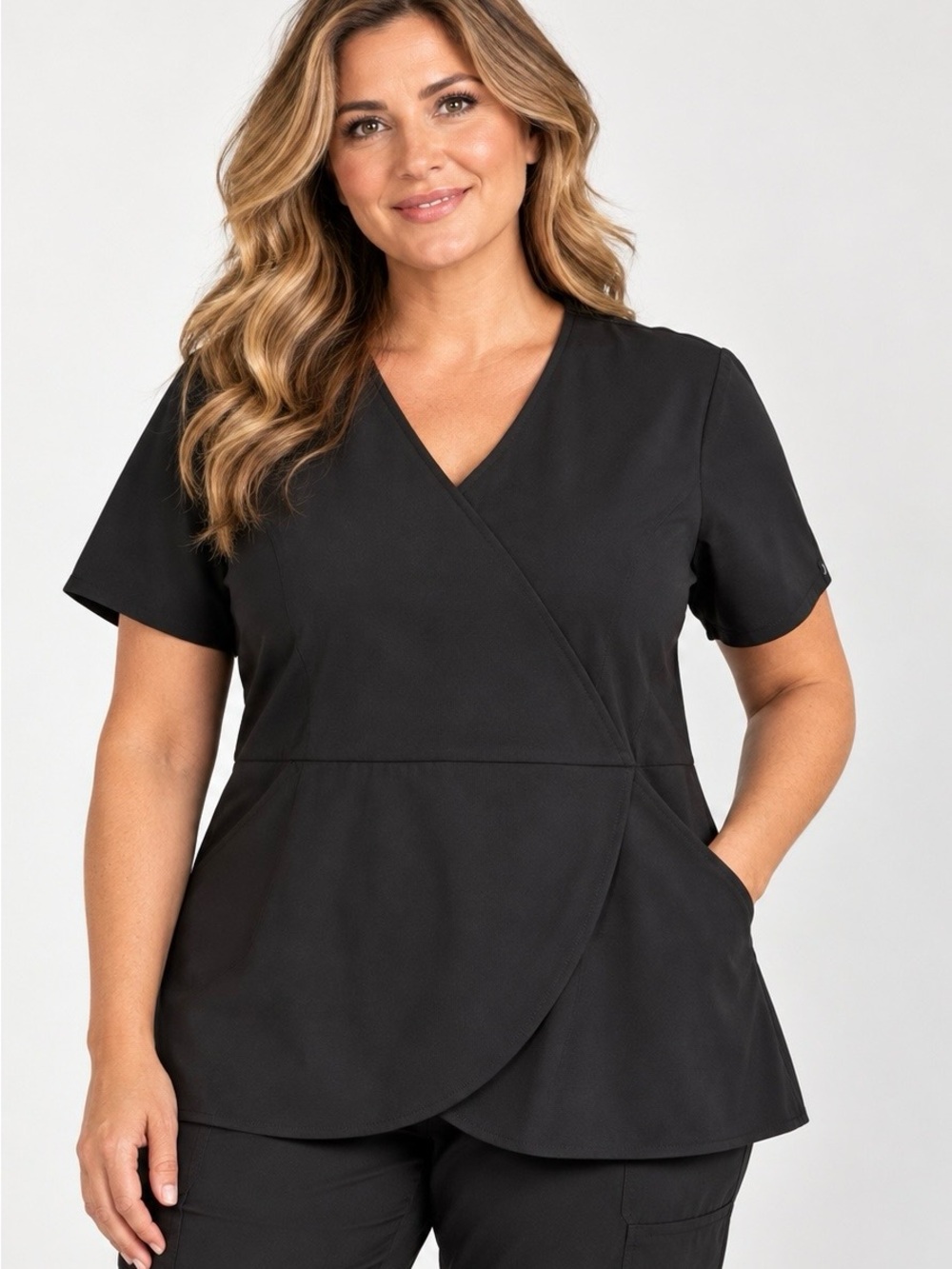 NWT JAANUU BLACK FAUX WRAP SCRUB TOP SIZE 1X